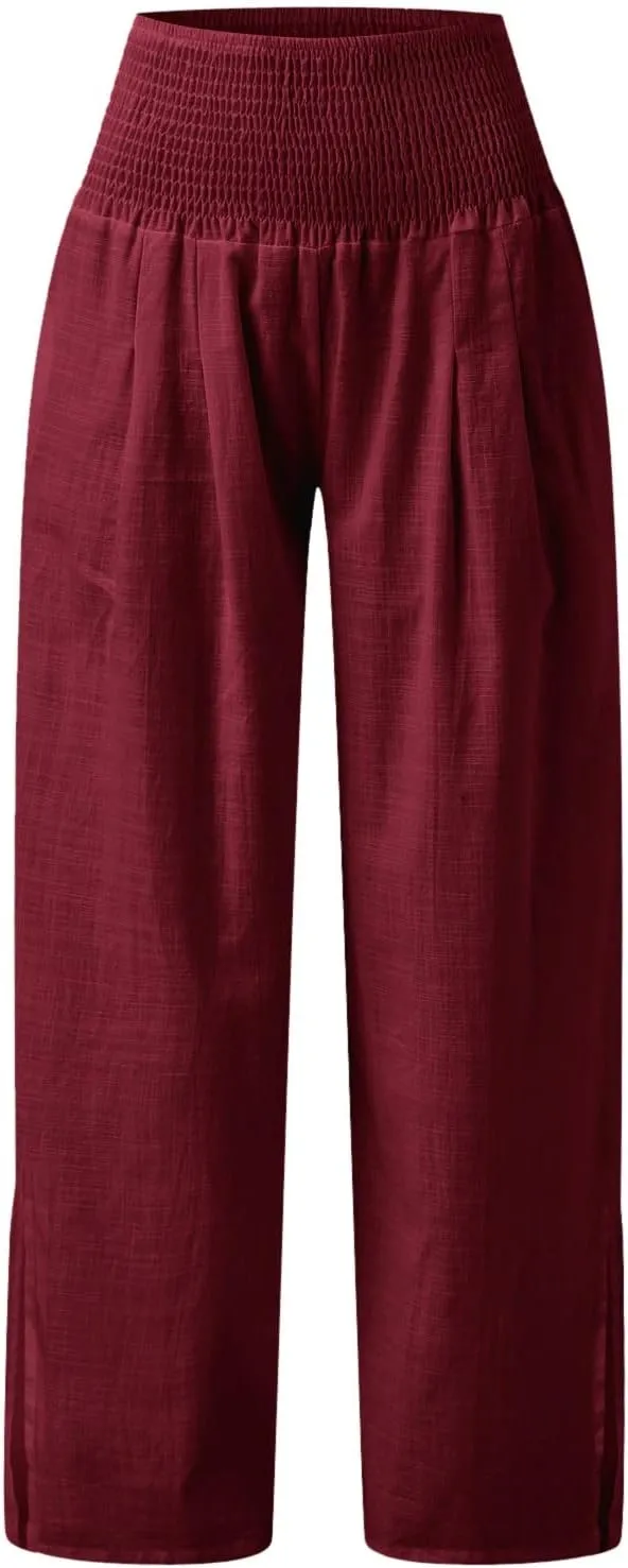 Womens Linen Pants Smocked High Waist Flowy Beach Trousers Outfits 2025 Summer Casual Loose Wide Leg Palazzo Long Pants
