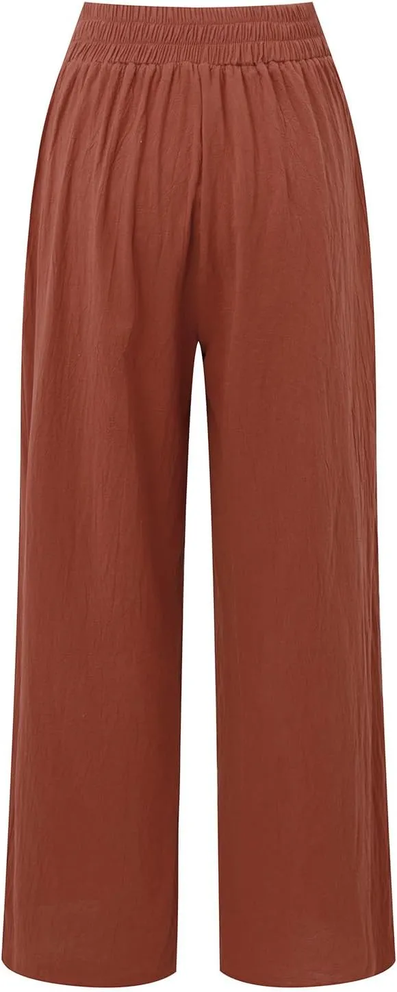 Womens Linen Pants Smocked High Waist Flowy Beach Trousers Outfits 2025 Summer Casual Loose Wide Leg Palazzo Long Pants