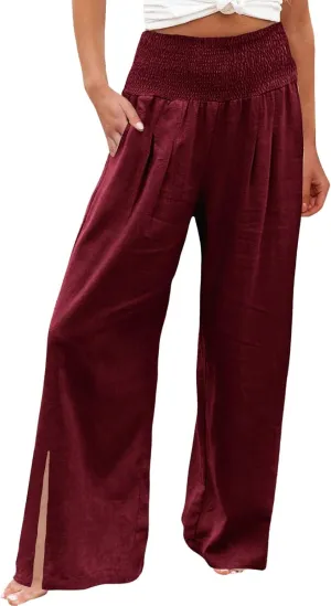 Womens Linen Pants Smocked High Waist Flowy Beach Trousers Outfits 2025 Summer Casual Loose Wide Leg Palazzo Long Pants