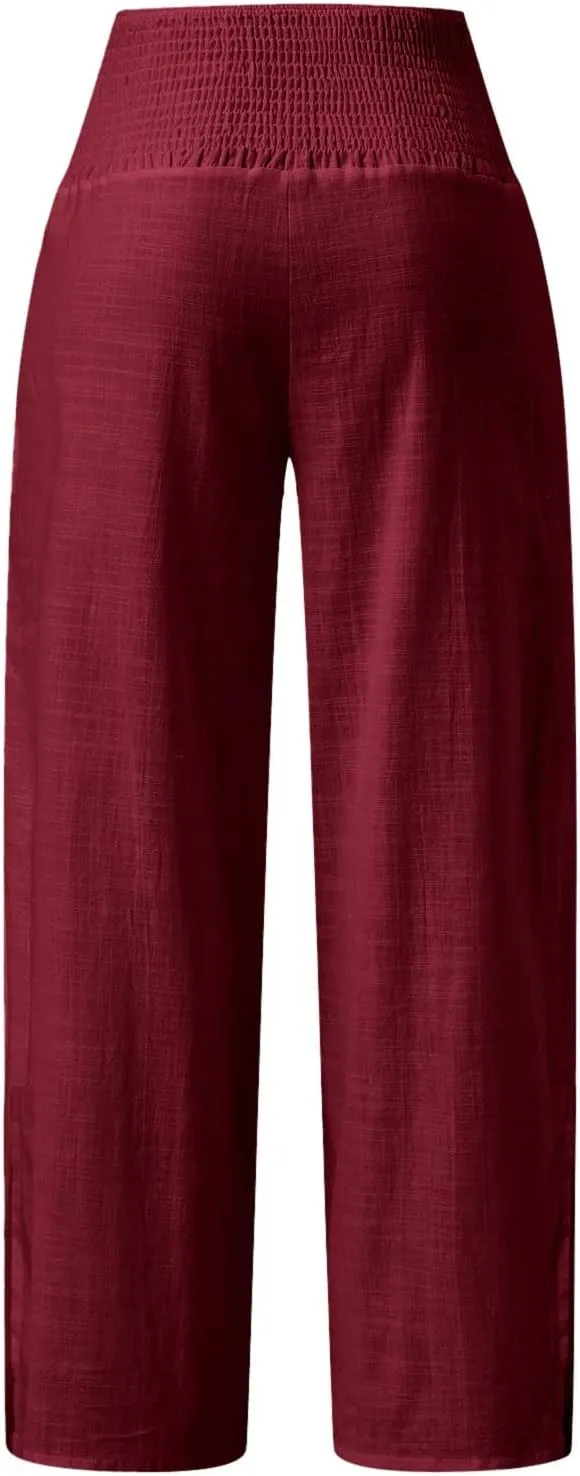Womens Linen Pants Smocked High Waist Flowy Beach Trousers Outfits 2025 Summer Casual Loose Wide Leg Palazzo Long Pants