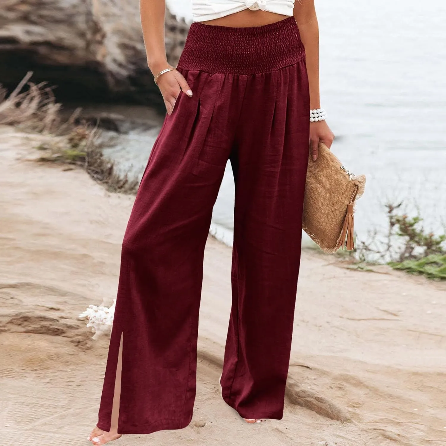 Womens Linen Pants Smocked High Waist Flowy Beach Trousers Outfits 2025 Summer Casual Loose Wide Leg Palazzo Long Pants
