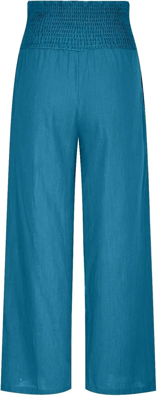 Womens Linen Pants Wide Leg Casual High Waist Solid Color Sports Pants Cotton Linen Summer Trousers with Pockets