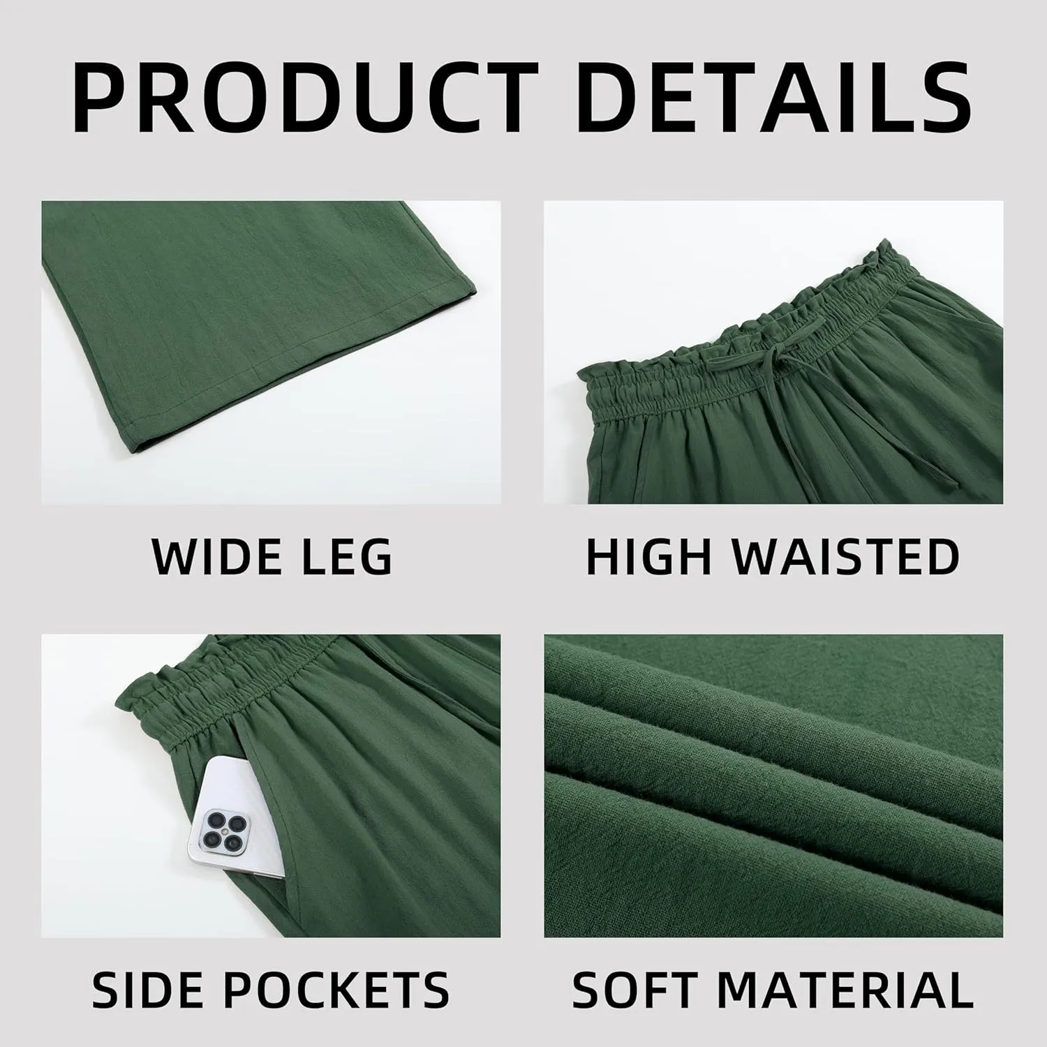 Womens Linen Pants Wide Leg High Waisted Drawstring Casual Loose Beach Pants with Pockets
