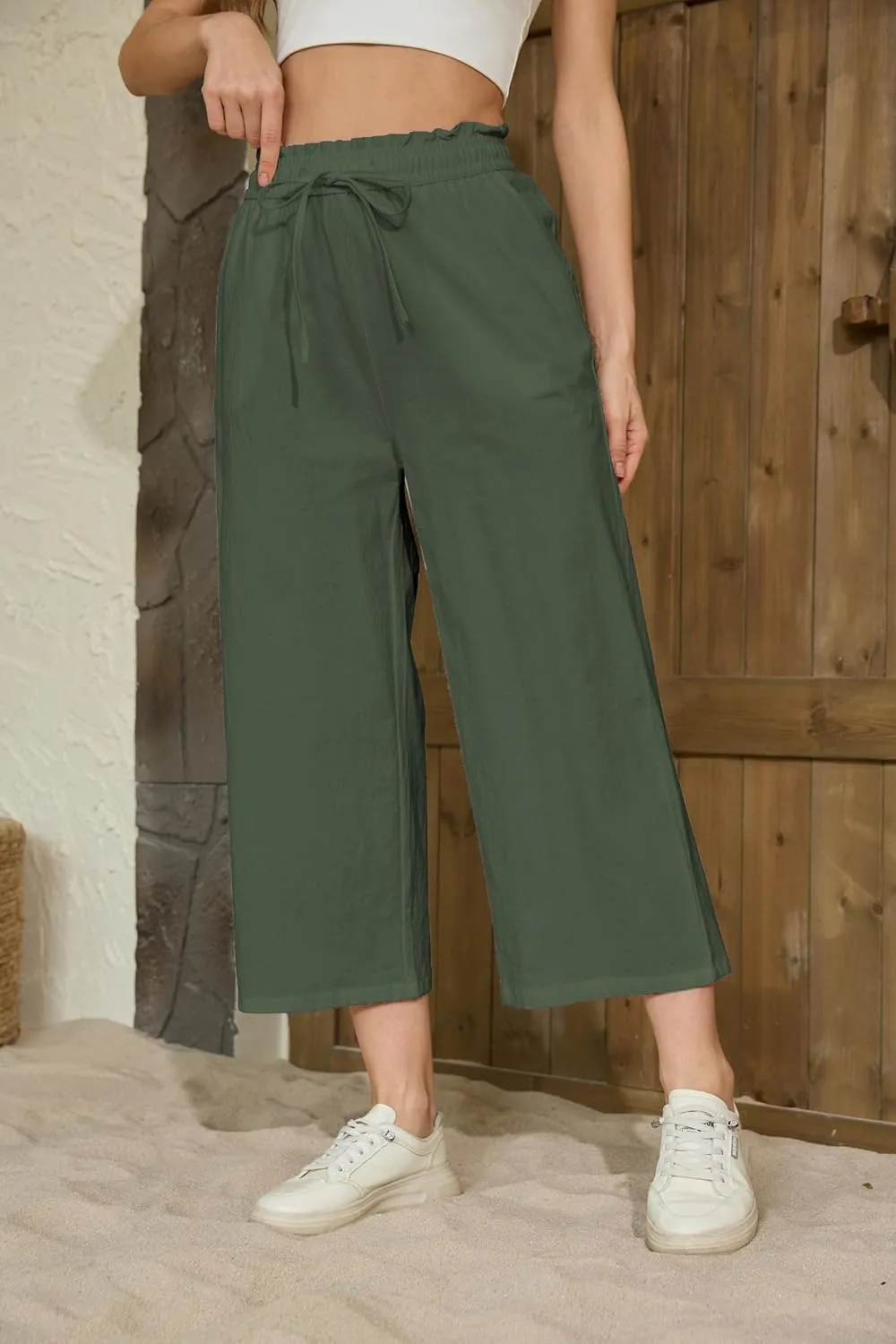 Womens Linen Pants Wide Leg High Waisted Drawstring Casual Loose Beach Pants with Pockets