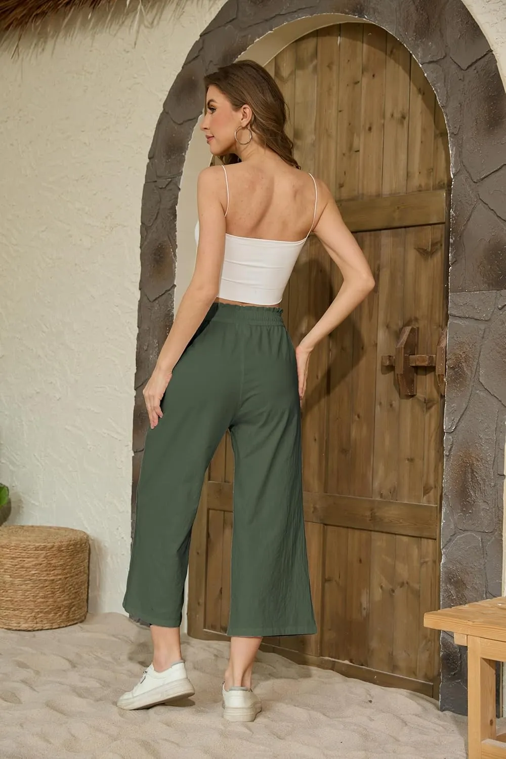 Womens Linen Pants Wide Leg High Waisted Drawstring Casual Loose Beach Pants with Pockets