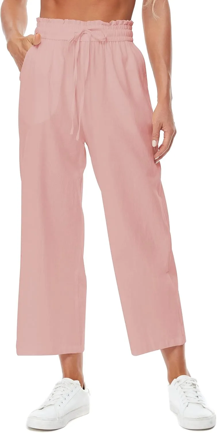 Womens Linen Pants Wide Leg High Waisted Drawstring Casual Loose Beach Pants with Pockets