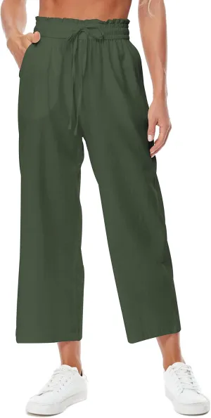 Womens Linen Pants Wide Leg High Waisted Drawstring Casual Loose Beach Pants with Pockets