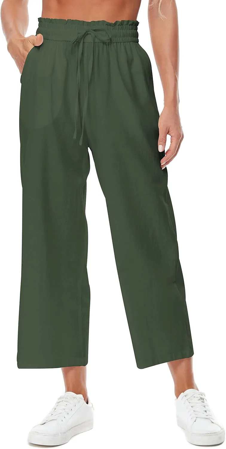 Womens Linen Pants Wide Leg High Waisted Drawstring Casual Loose Beach Pants with Pockets