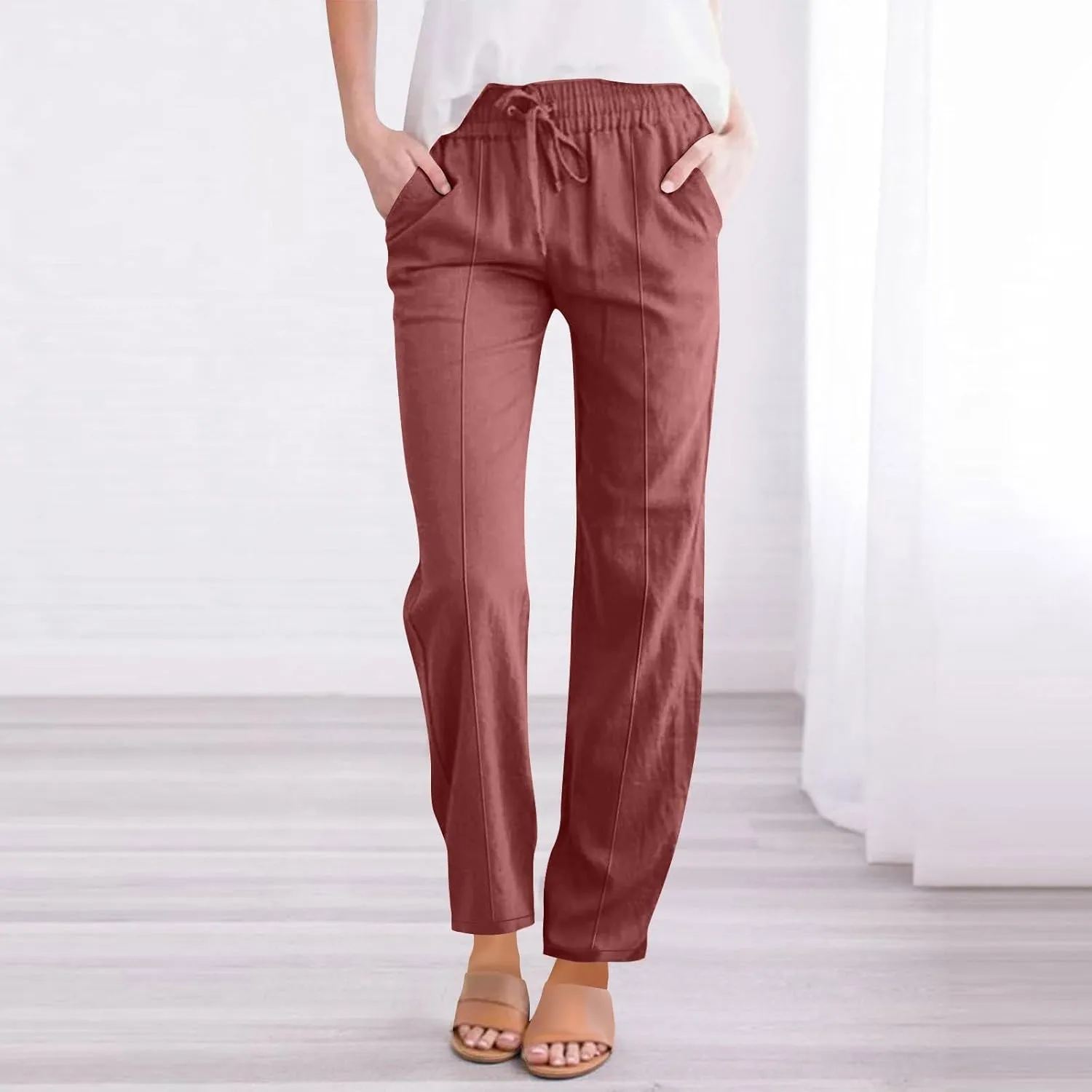 Womens Linen Pants with Pockets Dressy Comfy High Waisted Straight Leg Pants Summer Casual Trousers with Pockets 2025