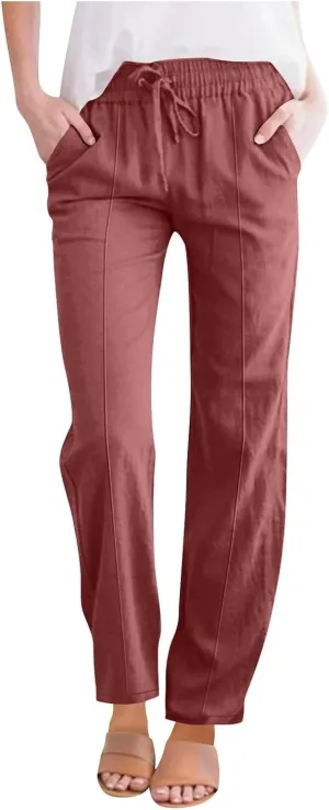 Womens Linen Pants with Pockets Dressy Comfy High Waisted Straight Leg Pants Summer Casual Trousers with Pockets 2025