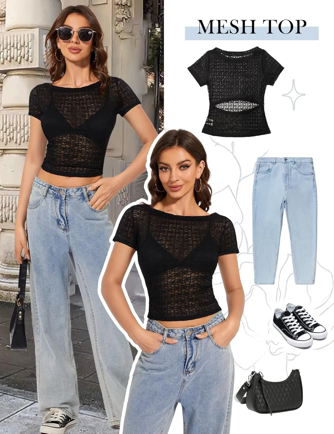 Women's Long Sleeve Crewneck Cut Out Back Lace T Shirts Sexy Mesh Slim Fit Y2k Going Out Crop Tops Streetwear