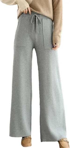 Women's Merino Wool Pants High Waist Wide Leg Straights Trousers Winter Thick Knitted Wool Pants