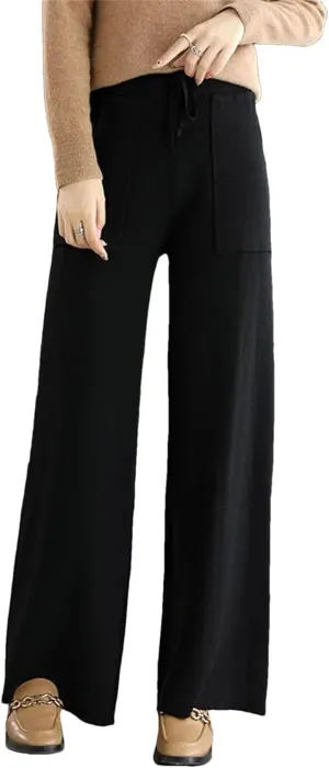 Women's Merino Wool Pants High Waist Wide Leg Straights Trousers Winter Thick Knitted Wool Pants