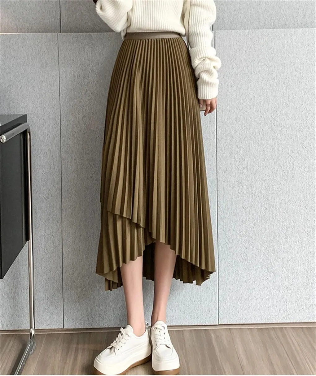 Women's Midi Pleated Skirt Asymmetrical Slim Waist Vintage A-Line Skirts Casual Skirt