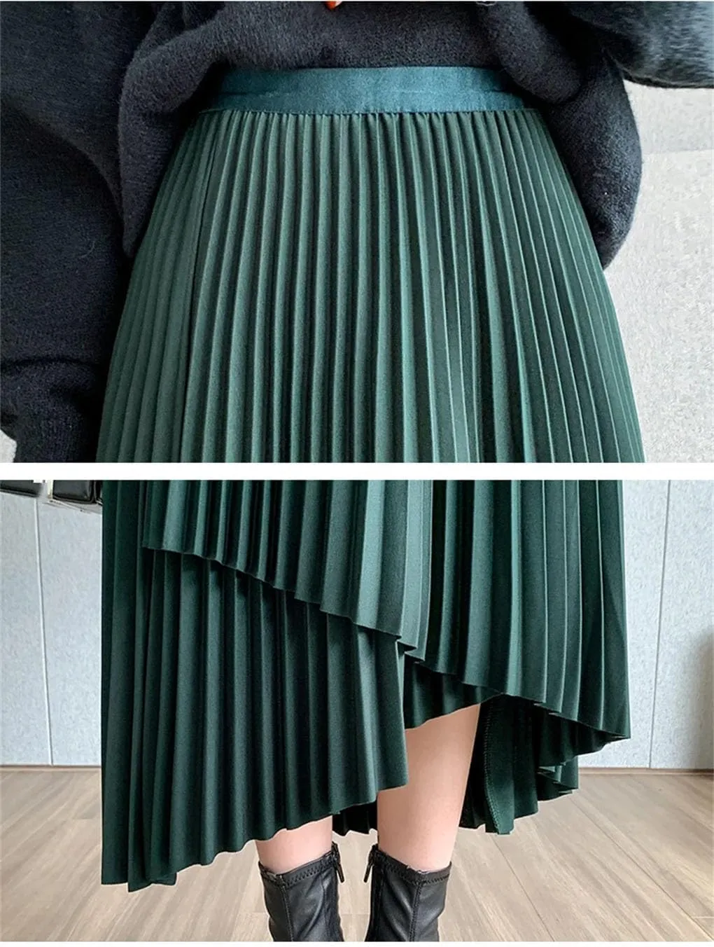 Women's Midi Pleated Skirt Asymmetrical Slim Waist Vintage A-Line Skirts Casual Skirt
