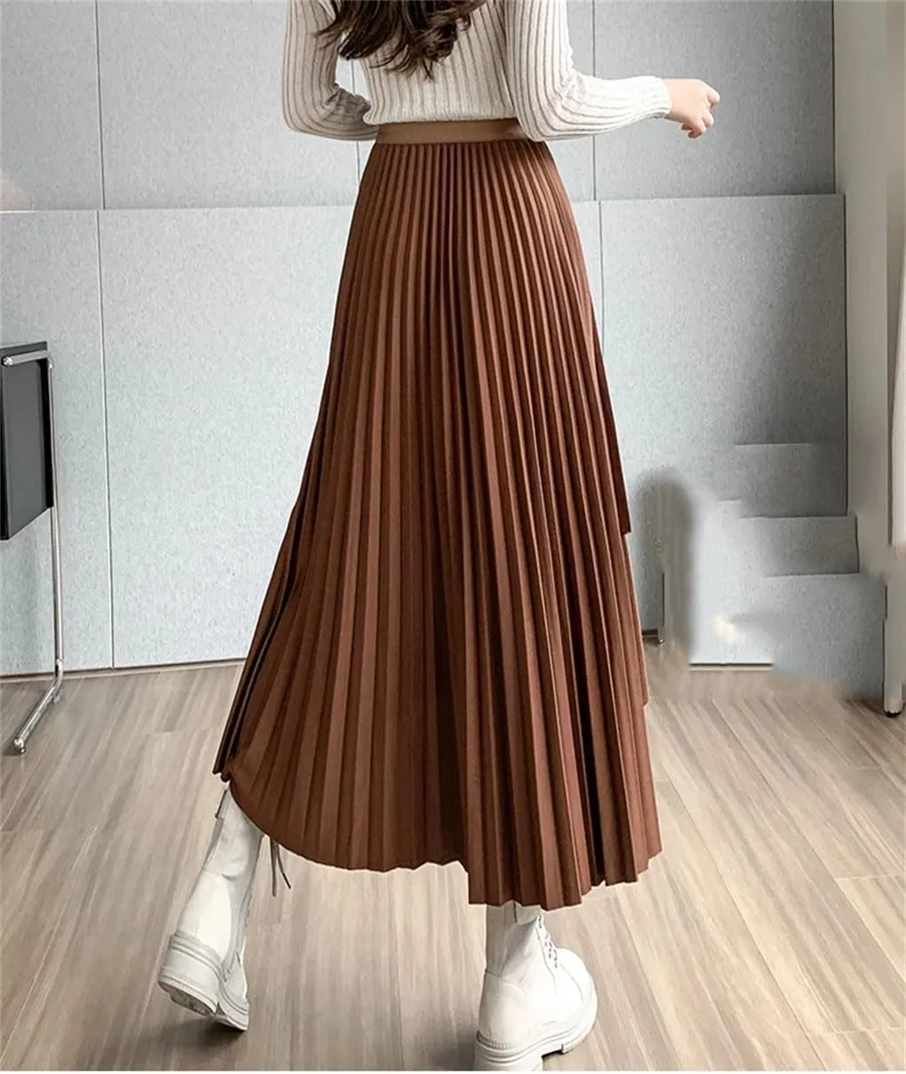Women's Midi Pleated Skirt Asymmetrical Slim Waist Vintage A-Line Skirts Casual Skirt