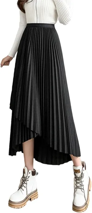 Women's Midi Pleated Skirt Asymmetrical Slim Waist Vintage A-Line Skirts Casual Skirt