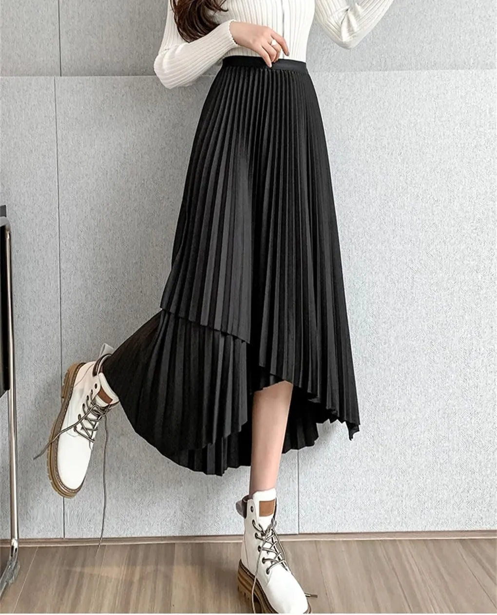 Women's Midi Pleated Skirt Asymmetrical Slim Waist Vintage A-Line Skirts Casual Skirt