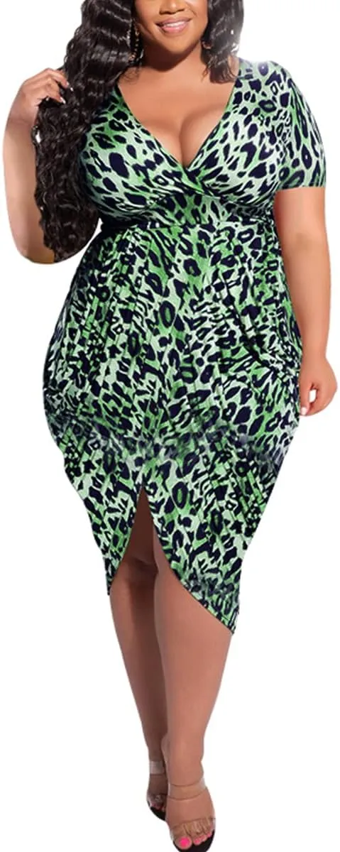 Women's Night Dress Plus Size Sexy V Neck Short Sleeve Solid Ruched Bodycon Party Cocktail Midi Dress