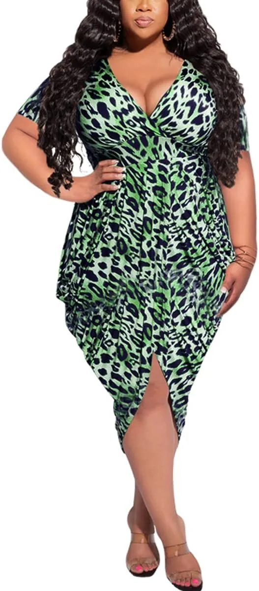 Women's Night Dress Plus Size Sexy V Neck Short Sleeve Solid Ruched Bodycon Party Cocktail Midi Dress