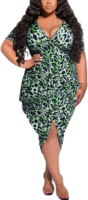 Women's Night Dress Plus Size Sexy V Neck Short Sleeve Solid Ruched Bodycon Party Cocktail Midi Dress