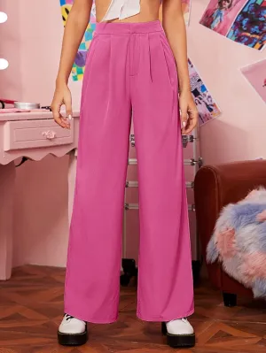 Women's Pants Zipper Fly Fold Pleated Palazzo Pants (Color : Hot Pink, Size : X-Large)