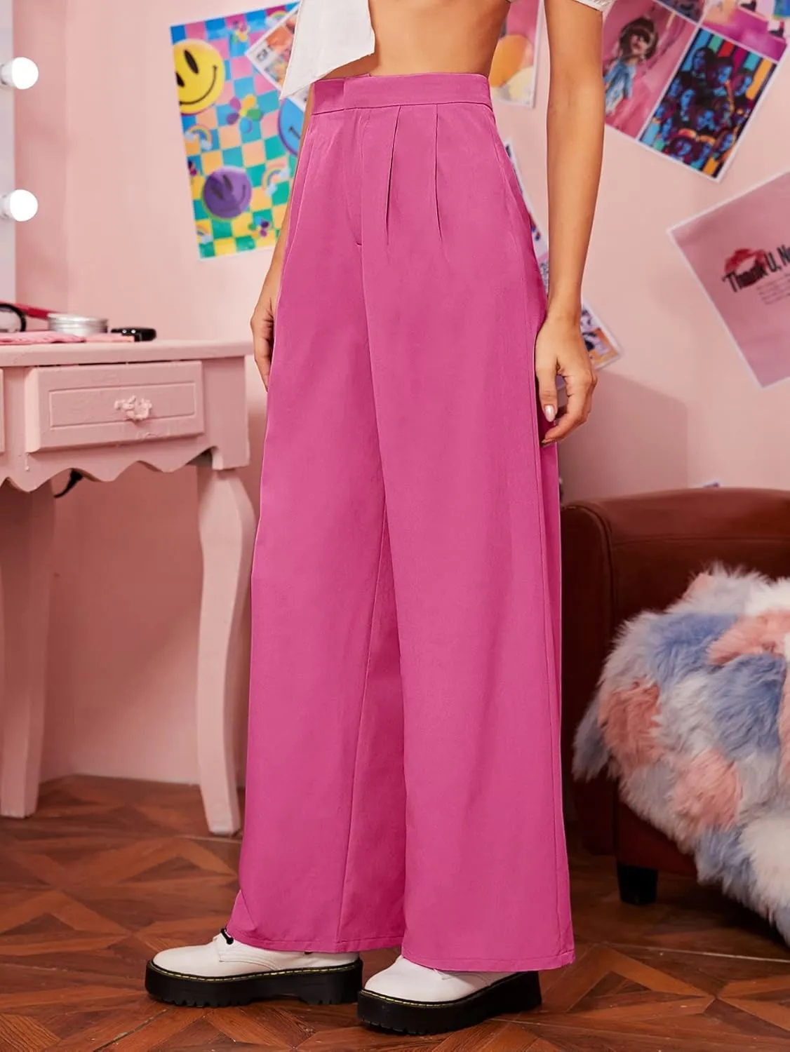 Women's Pants Zipper Fly Fold Pleated Palazzo Pants (Color : Hot Pink, Size : X-Large)