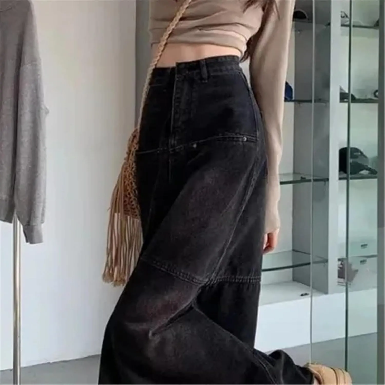 Women's Plus Size Vintage Denim Skirt  High-Waisted Slimming Bodycon A-Line Long Dress with Pockets