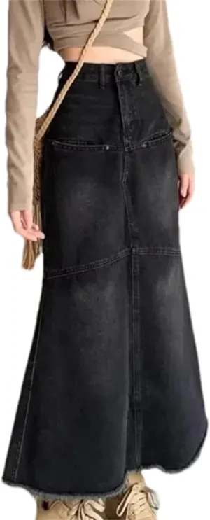 Women's Plus Size Vintage Denim Skirt  High-Waisted Slimming Bodycon A-Line Long Dress with Pockets