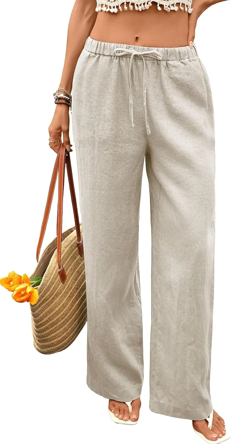 Women's Pure Linen Pants Wide Leg 100% Linen Drawstring Elastic Waist Palazzo Pants with Pockets
