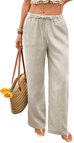 Women's Pure Linen Pants Wide Leg 100% Linen Drawstring Elastic Waist Palazzo Pants with Pockets