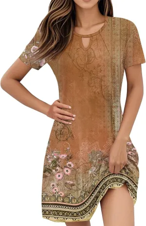 Women's Resort Wear 2025 Trendy Vintage Floral Short Sleeve Cutout Crew Neck Casual Dress Summer, S-3XL