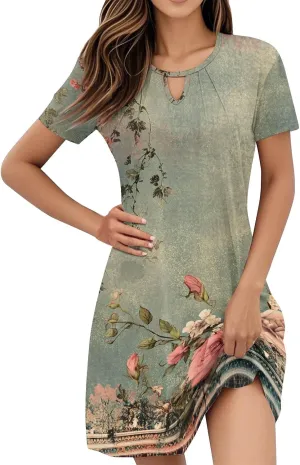 Women's Resort Wear 2025 Trendy Vintage Floral Short Sleeve Cutout Crew Neck Casual Dress Summer, S-3XL