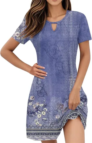Women's Resort Wear 2025 Trendy Vintage Floral Short Sleeve Cutout Crew Neck Casual Dress Summer, S-3XL