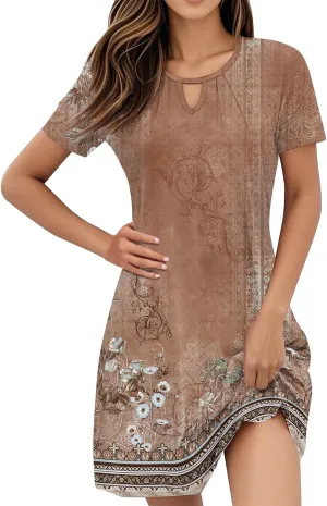 Women's Resort Wear 2025 Trendy Vintage Floral Short Sleeve Cutout Crew Neck Casual Dress Summer, S-3XL