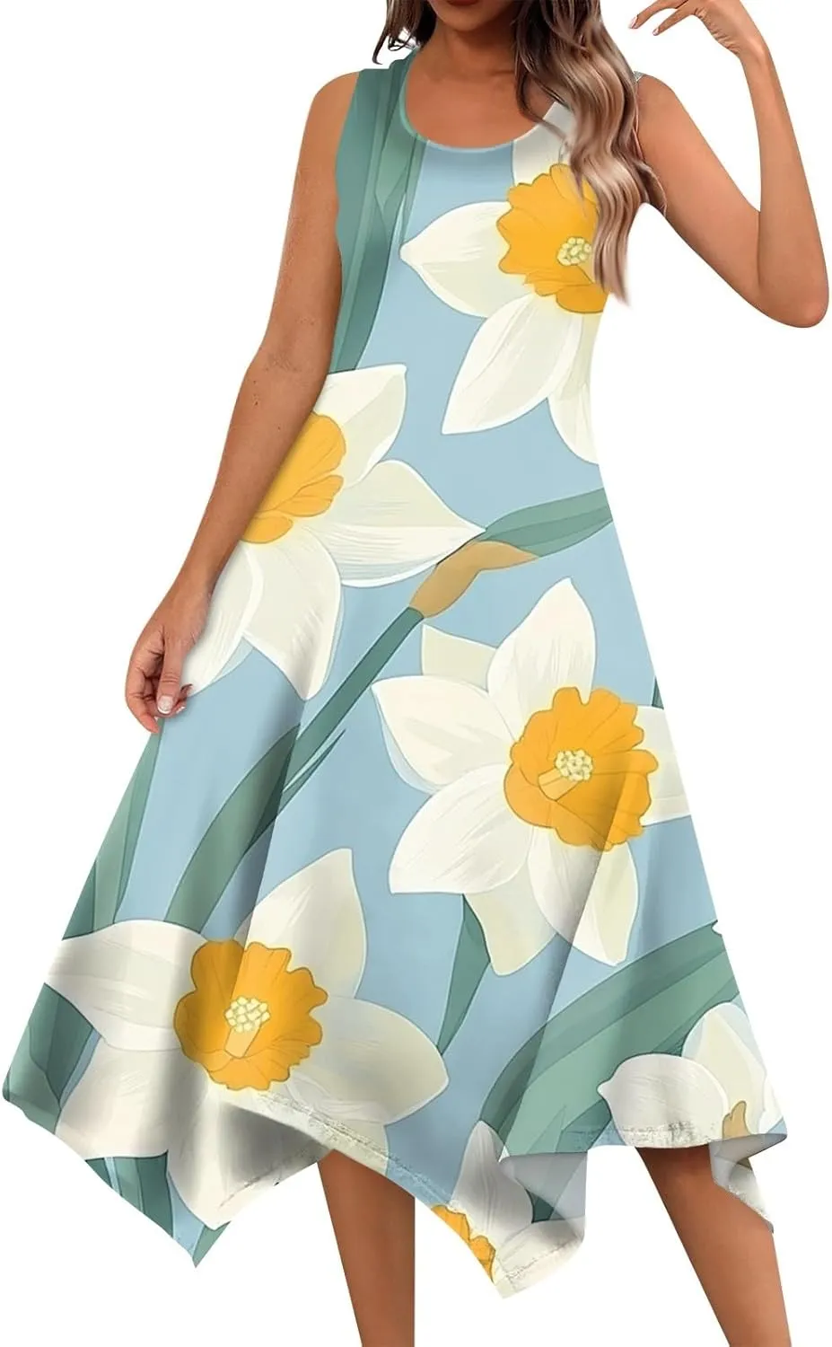Women's Round Neck Sleeveless Tank Sundresses 2025 Floral Print Irregular Hem Midi Dress, S-2XL