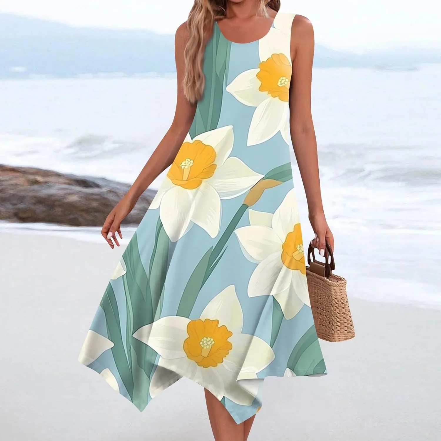 Women's Round Neck Sleeveless Tank Sundresses 2025 Floral Print Irregular Hem Midi Dress, S-2XL