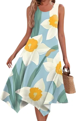 Women's Round Neck Sleeveless Tank Sundresses 2025 Floral Print Irregular Hem Midi Dress, S-2XL