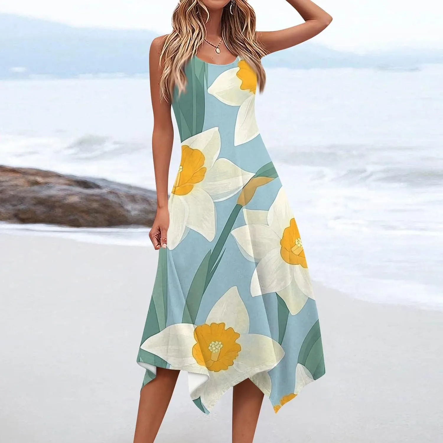 Women's Round Neck Sleeveless Tank Sundresses 2025 Floral Print Irregular Hem Midi Dress, S-2XL