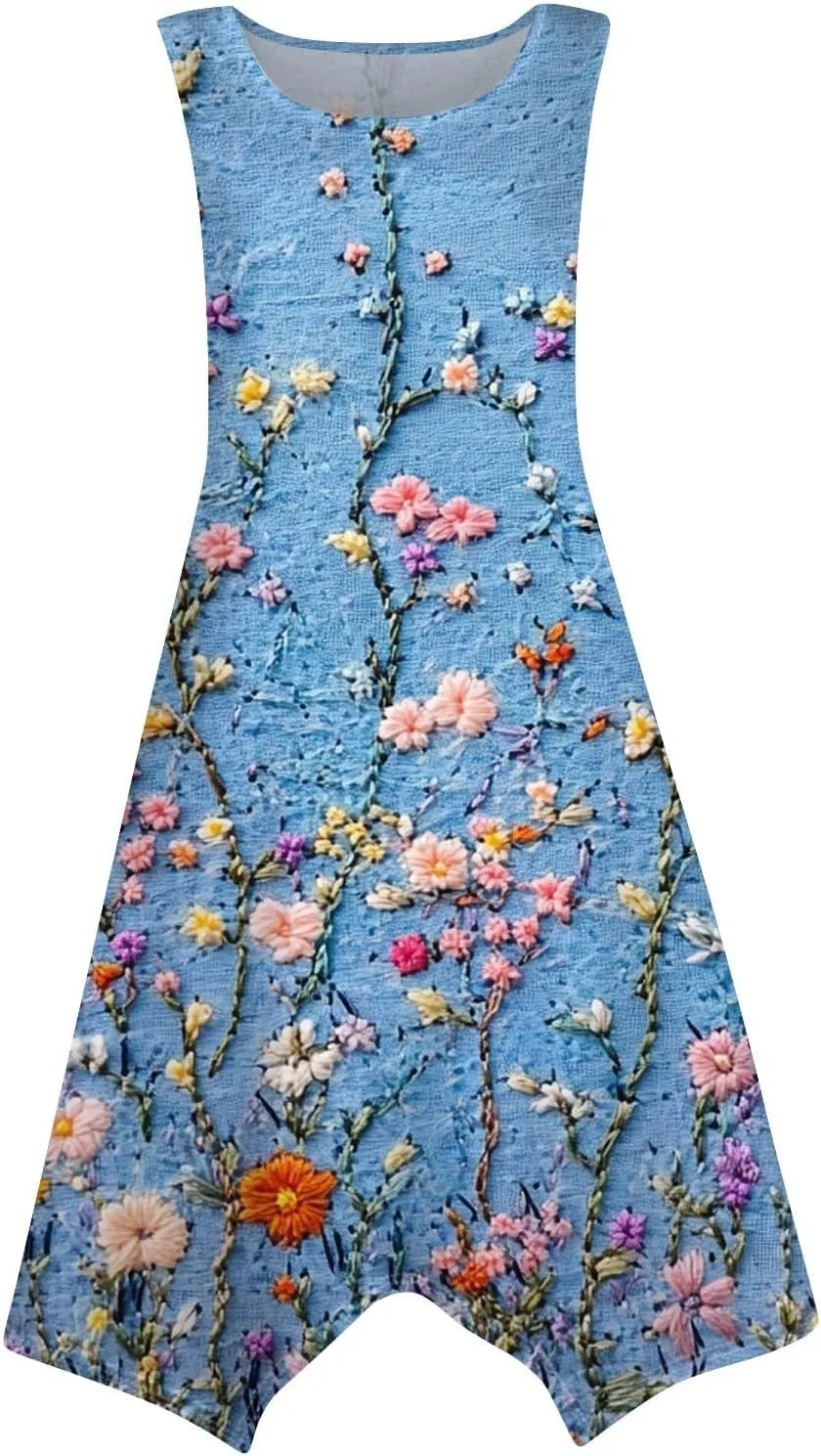 Women's Round Neck Sleeveless Tank Sundresses 2025 Floral Print Irregular Hem Midi Dress, S-2XL