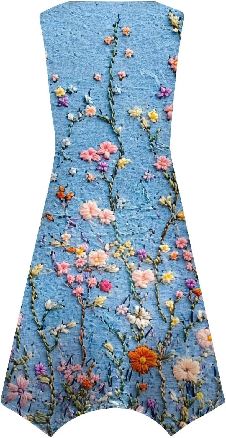 Women's Round Neck Sleeveless Tank Sundresses 2025 Floral Print Irregular Hem Midi Dress, S-2XL