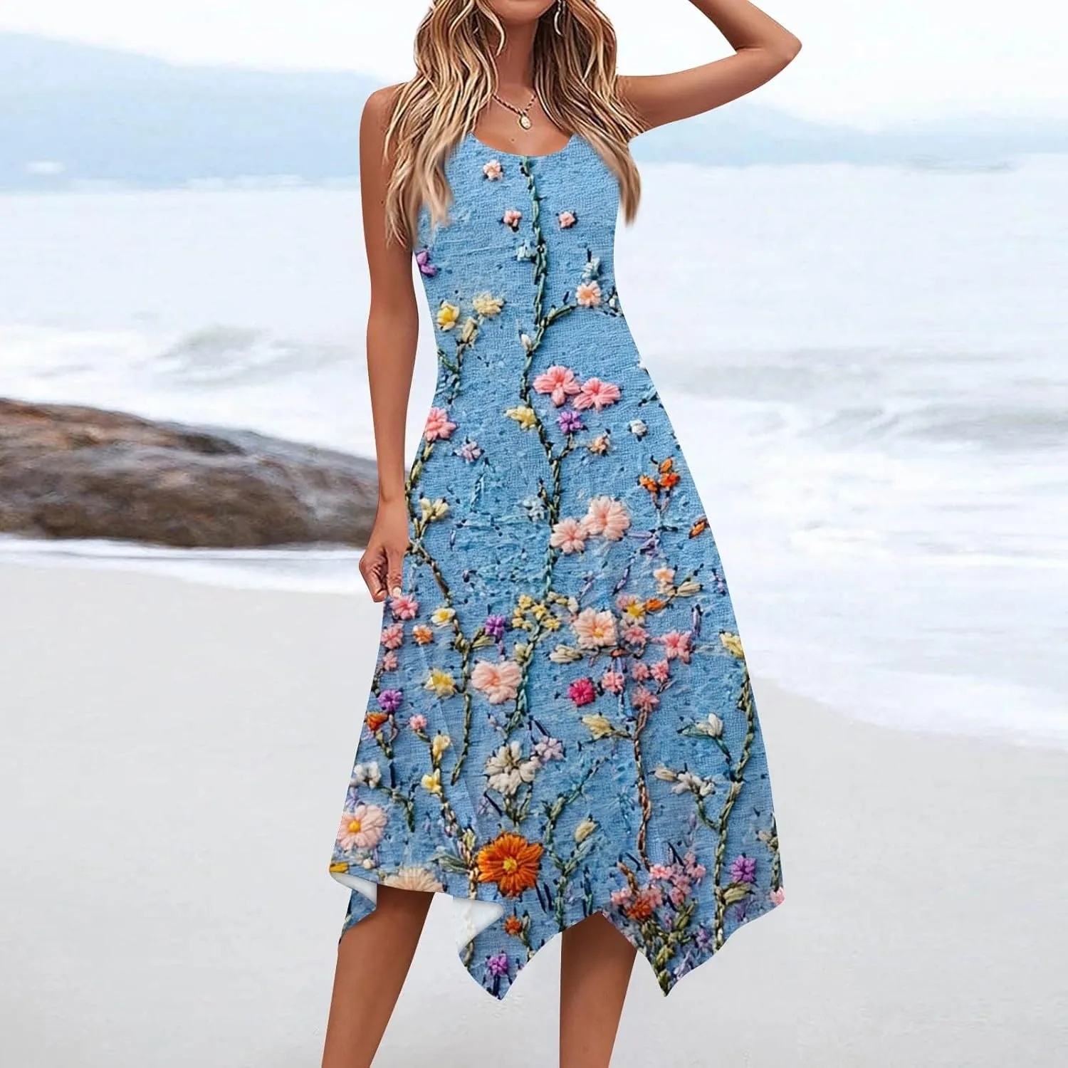 Women's Round Neck Sleeveless Tank Sundresses 2025 Floral Print Irregular Hem Midi Dress, S-2XL