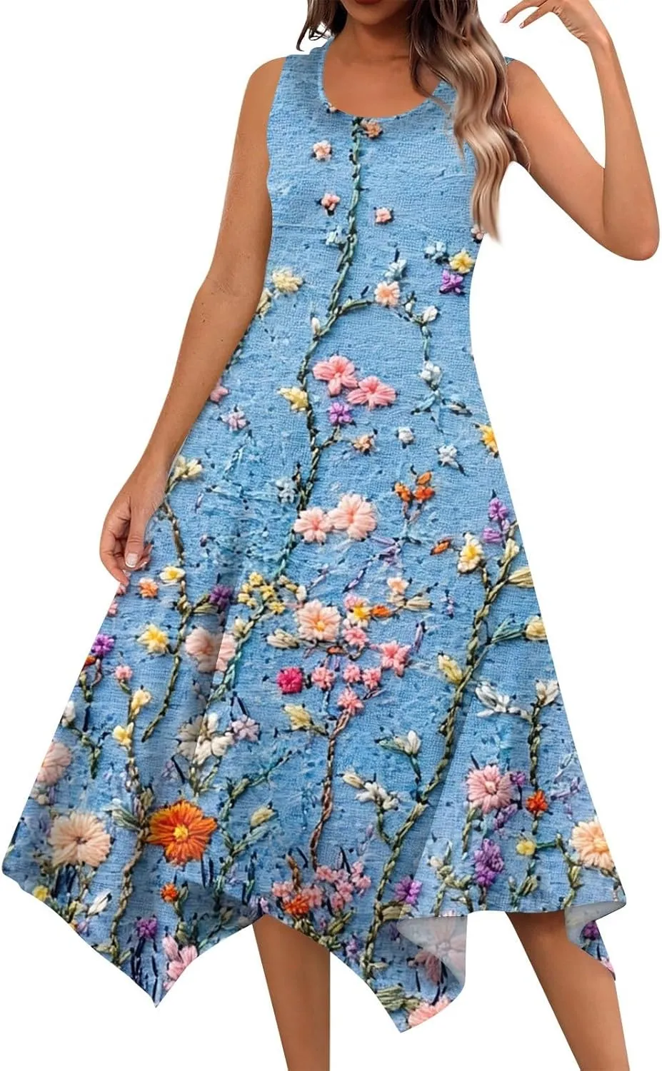 Women's Round Neck Sleeveless Tank Sundresses 2025 Floral Print Irregular Hem Midi Dress, S-2XL