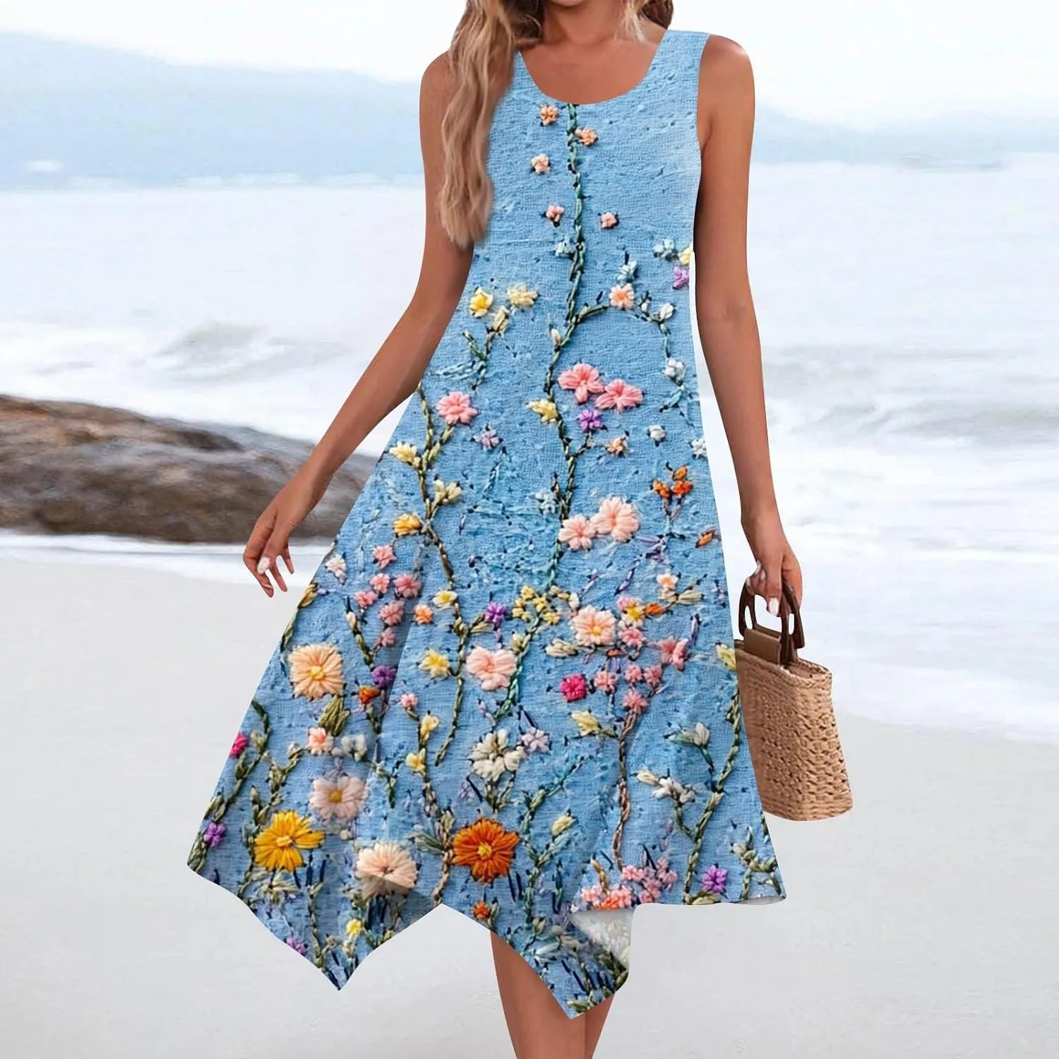 Women's Round Neck Sleeveless Tank Sundresses 2025 Floral Print Irregular Hem Midi Dress, S-2XL