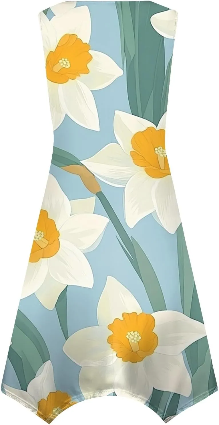 Women's Round Neck Sleeveless Tank Sundresses 2025 Floral Print Irregular Hem Midi Dress, S-2XL