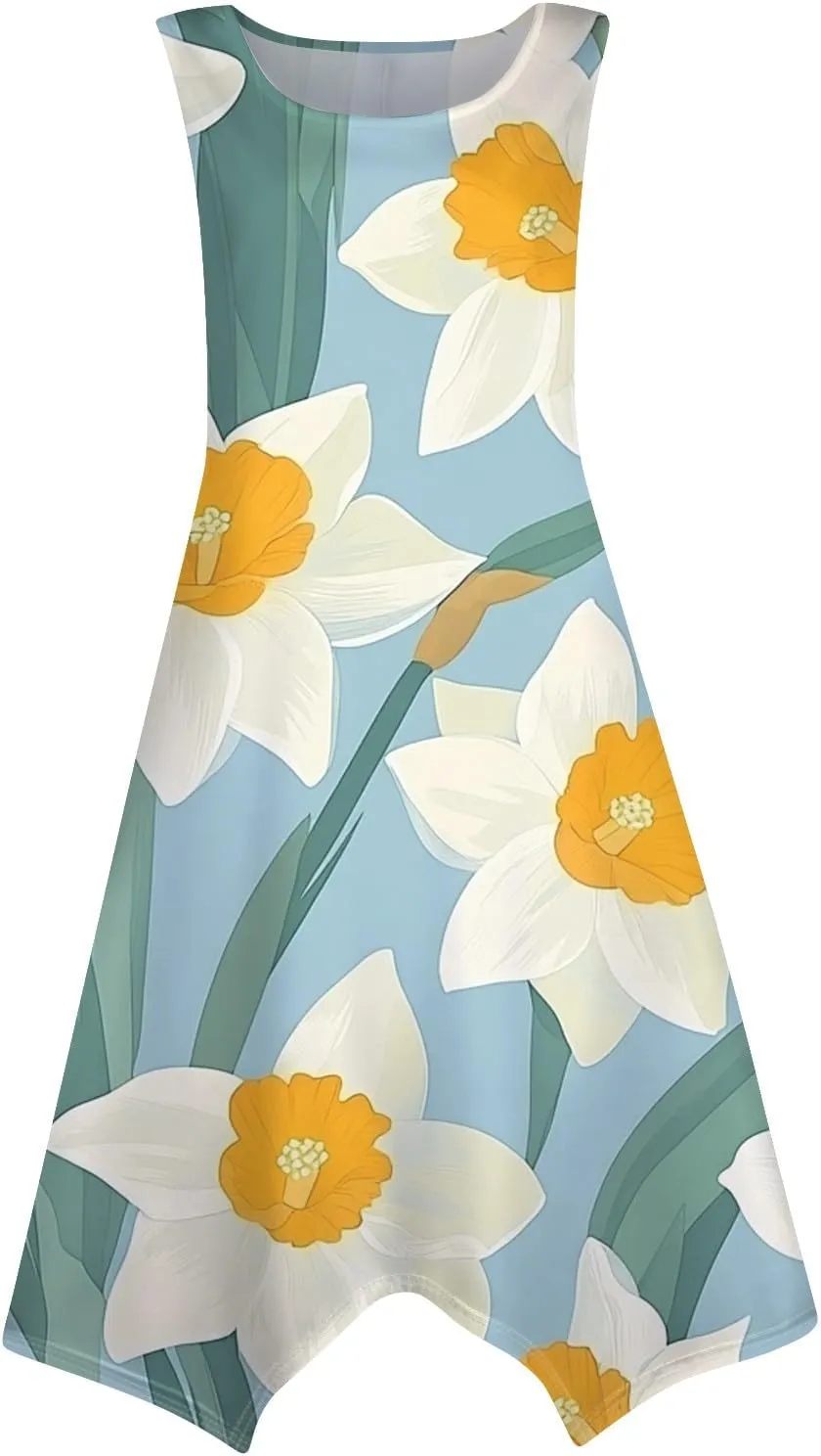 Women's Round Neck Sleeveless Tank Sundresses 2025 Floral Print Irregular Hem Midi Dress, S-2XL