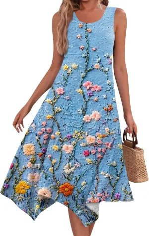 Women's Round Neck Sleeveless Tank Sundresses 2025 Floral Print Irregular Hem Midi Dress, S-2XL