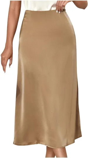 Women's Satin Casual Midi Skirt, Lightweight High Waisted Loose Clothes Elegant Comfy Business Office Skirts