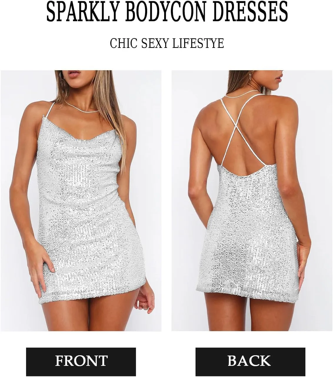 Women's Sequin Sparkly Glitter Dress Sexy Sleeveless Backless Spaghetti Strap Party Club Bodycon Mini Dress