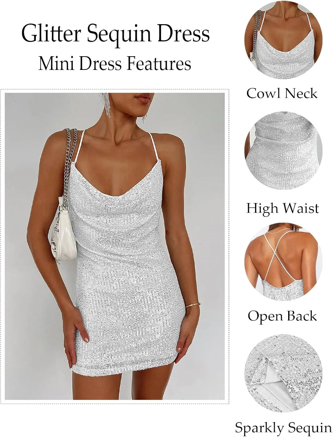 Women's Sequin Sparkly Glitter Dress Sexy Sleeveless Backless Spaghetti Strap Party Club Bodycon Mini Dress